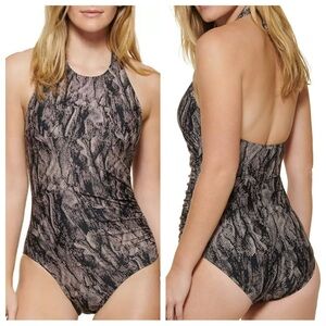 NWT! Calvin Klein BLACK MULTI Printed Halter One-Piece Swimsuit